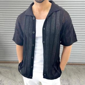 Men's Polos 2024 Spring Summer Casual Shirts Men Knitted Short Sleeve Button Lapel Hollow Out Knit Cardigan Mens Tops Solid Color Shirt