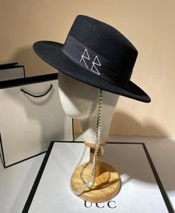 NOVAS MULHERES FEDORAS CHATS DE WOOL CHATS Letra com a cadeia elegante Big Hat Black BIM44439929