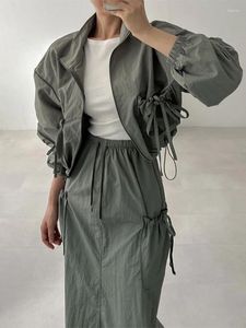 Work Dresses Women Zipper Tracksuit Short Jacket Spring Summer Korean Fashion Simple Casual Drawstring Midi Skirt Sets Female Sports Suits