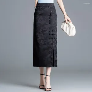 Kjolar zuzk sommar vintage jacquard bodycon förbättrad qipao kjol elastisk midja smal kvinnor kinesisk stil elegant penna