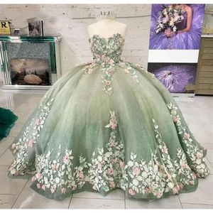 Decote de decote claro verde quinceanera dree sweetheart 3d apliques florais com miçangas tule baile de baile vestil