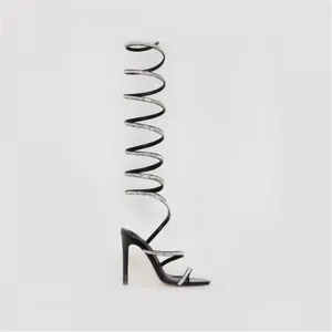 Boots Woman Fashion Black Silvery Rhinestone Straps Sexy Sandal Over The Knee Long Cool Summer Crystal Party Shoes