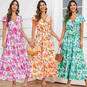 Basic Casual Dresses Summer Women's New V-Neck Ruffle Sleeve Dress Bohemian Print Long Dress Oversized Plus Size Dress