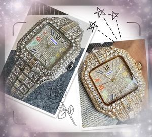 Iced fora 3 STICHES Square Face Watch Hip Hop Mens calendário Quartz Relógio Business Business Aço Aço Anteiro Diamantes Anel por atacado Masculino Presentes de Wristwatch