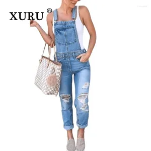 Kvinnors jeans Xuru-Europe och USA Suspenders ljusblå jumpsuit dubbla axelremmar trasiga K34-888