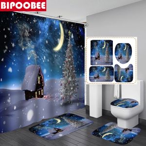 Curtains Xmas Eve Bathroom Curtain Set Merry Christmas Shower Curtains Snow Scene Bath Mats Toilet Lid Cover Antislip Carpet Floor Rugs