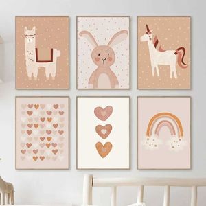 S CHEHEMIAN CARTOON ALPACA Rabbib Rainbow Love Wall Art Canvas Painting Nordic Plakaty i wydruki Zdjęcia ścienne dla dzieci Dekorowanie pokoju J240505