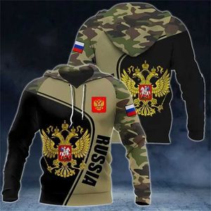 Męskie bluzy bluzy rosyjska narodowa emblemat graficzna koszulka sportowa Rosyjska armia kamuflaż 3D nadrukowane bluza z kapturem męskie pullover sportowy Q240506