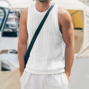 Y2K Tank Tops Men Knitted O Neck Solid Color Vest Top Streetwear Fashion Striped Crochet Knit Camisole Sleeveless Mens Hip Hop 240425