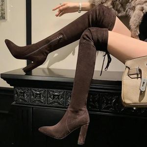 Stiefel Wildleder Nubuck Leder Block High Heels sexy Dame Overknee Socken Botines Weich warm