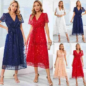 Basic Casual Dresses Designer Dress Women's large embroidered bright silk gauze dress fashion slim V-neck medium length dress Plus Size Long skirt