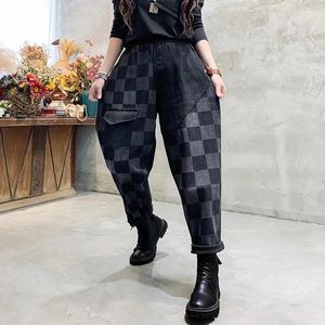 Frauen Jeans 2024 Spring Arts Style Frauen elastische Taille Patchwork Plaid lose Doppelpocke lässige Baumwolle Denim Harem Hosen