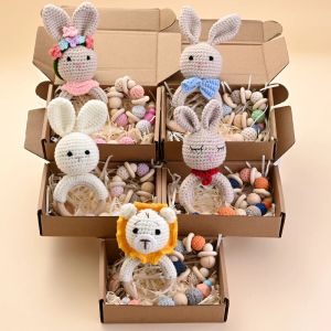 Blocks Baby Pacifier Chain Bracelet Boxed Set Animal Crochet Wooden Teether Ring For Infant Nursing Teething Chew Toys Shower Gift