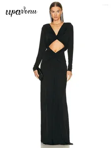 Abiti casual Donne sexy Domande nere maxi abito a v-scollo a v-collo a maniche lunghe design slim fit light di lusso cocktail party