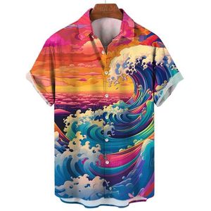 Camisas casuais masculinas harajuku moda as ondas do pôr do sol camisetas gráficas para homens roupas coloridas blusas casuais camisas de praia havaiana strtwear y2k tops y240506
