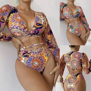 Women's Swimwear 2 Piece Bathing Suits Halter Ring Bikini Sets Long Sleeve V Neck Boho Printed Top Beachwear High Waist Woman