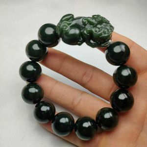Skulpturen zertifiziert echtes natürliches dunkelgrünes Hetian Jade Bead Pixiu Armreif Armband