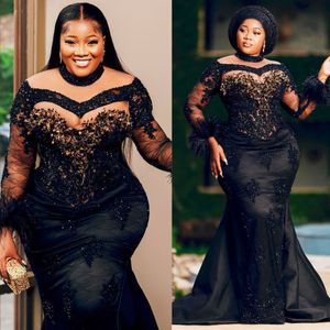 2024 Plus Size Prom Dresses for Black Women Promdress High Neck Feathered Long Sleeves Beaded Appliqued Lace Birthday Dress Second Reception Gowns Engagement AM858