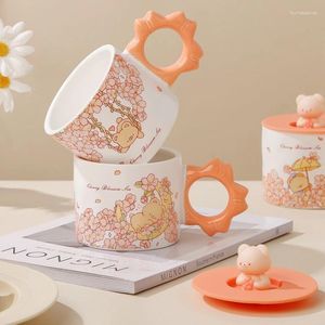 Mugs 400ml Ins Bear Ceramic Mug With Cover Creative Cherry Blossom Korean Coffee Breakfast Cup Girl Gift