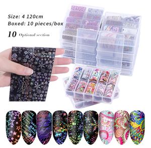 10 Rolls holografiska nagelfolie Set 4*100 cm Flower Leaves Leopard Nails Art Transfer Sticker Manicure DIY Stickers Decorations2830026