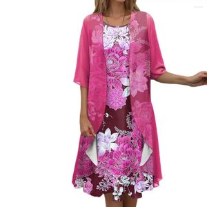 Casual Dresses Mother Long Dress Elegant Floral Print Midi Set With Sheer Mesh Cardigan Women's Kne Length O Neck For Mid Iage