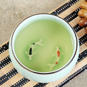 Tumblers 45ml/80ml hand-painted ceramic embossed double coaster tea cup long crown celadon fish Arhat vintage personal blue H240506