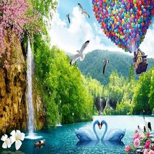 Tapeten Wellyu Custom Large - Skala Wandgemälde Landschaftsballons Schwan Steinblume TV Hintergrund Wand Tapel Papel de Parde