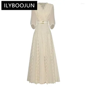 فساتين الحفلات Ilyboojun مصمم أزياء الربيع الصيفي النساء الدانتيل فستان v-neck الفانوس