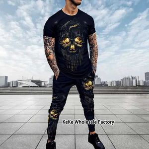 T-shirt męski T-Shirt Men T-Shirt Sets Tracksuit Skull 3D 2D 2-częściowe stroje Man Sportswear Krótkie strtwear długie spodnie T240505