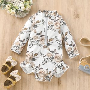 Mayo Citgeett Yaz Toddler Bebek Kız Mayolar Çiçek Baskı Uzun Kollu Fermuar Yükseltme Tulum Mayo Plaj Giyim Mayo Takım