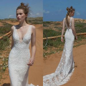 Кружевая русалка v Limor Rosen Neck Dress Appliques Sweep Train Летнее богемное свадебное платье изготовленное изготовленные свадебные платья без спины