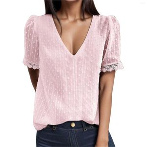 Kadın bluzları Kadınlar Katı Kısa Kollu Gömlek Lady Deep V-Neck Vintage Zarif Üstler Kadın Gevşek Fit Dantel Petal Gömlek