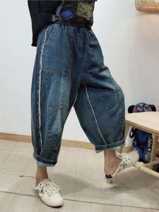 Kadın Kotları 2024 Yaz Kadın Retro Gevşek Patchwork Günlük Ayak Bileği Uzunluk Harem Pantolon Bayanlar Elastik Bel Ağlamalı Yıkanmış Kot Pantolon