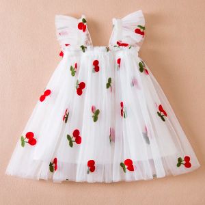 Dresses 2024 Summer New Girls' Little Flying Sleeve Dresses Children's Bow Strawberry Embroidery Mesh Princess Dress Baby Girl Clothes
