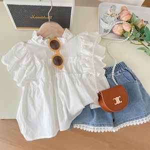 Kleidungssets 2024 Sommermädchen Set Kindermodische Spitzenpuppenhemd Denim Shorts zweiteilige Kleinkindmädchenkleidung