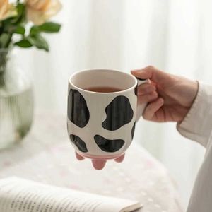 Tumblers 1pc 500ml 17oz Cute Cartoon Ceramic Cup Creative Cow Pattern and Footed Water Mug Coffee Milk Gifts for Friend Kids H240506