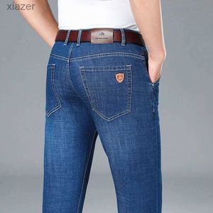 Mäns jeans vår och höstmens raka ben jeans klassisk hög midja affär elastiska denim byxor avslappnad komfort blå plus storlek byxor wx