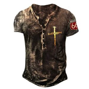 Men's T-Shirts Vintage Mens T Shirts Jesus 66 Route Print V-neck Button Short Slve Tops T Gothic Punk Strtwear Oversized Man Clothing T240505