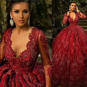 Quinceanera Beaded Dresses Red Dark Crystals Tulle Deep V Neck Custom Made Sweet 16 Birthday Prumess Ball Gown Leng Sleeves Vestidos Estidos