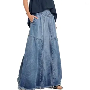 Skirts Summer 2024 Lady Denim Skirt Solid Color Elastic Waist Ripped Retro Loose Long Floor Length Clothes