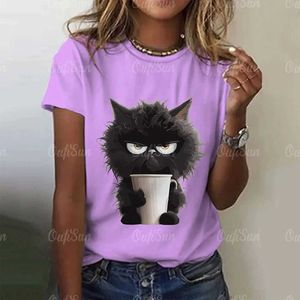 Kvinnors t-shirt sommar kvinnor t-shirt katt tryck avslappnad kortärmad 3D-t-shirt fashionabla gatuklädpersonal halsringning blixtlås överdimensionerade kvinnor kläd