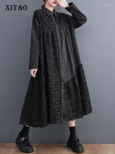 Casual Dresses XITAO Asymmetrical Short Tassel Shirt Dress Black Long Sleeve Loose Fashion Women Turn-down Collar Spring HQQ1232