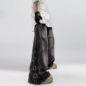 American Style Oversized Pocket Retro Baggy Jeans Men Y2k Hip Hop Punk Wide Leg Straight Overalls Black Denim Pants Streetwear 240429