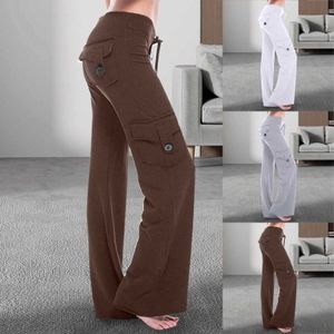 Calças femininas Capris Women Women Casual Solid Button Micro Flare Pocketstring Troushers Style Style Corean Brown Wide Pants Strtwear Retro Roupas Y240504