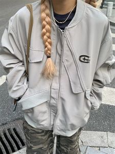 Qweek Cyber Y2K Grey Bomber Jacket Women American Retro Streetwear Außenbekleidung übergroße Harajuku Egirl 90S Vintage Schwarzer Mantel 240423