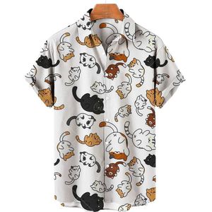 Мужские повседневные рубашки мужские котенок однорубельный котенок короткая рубашка 3D цифровая печатная рубашка свободная модная большая 5xl 2024 Y240506