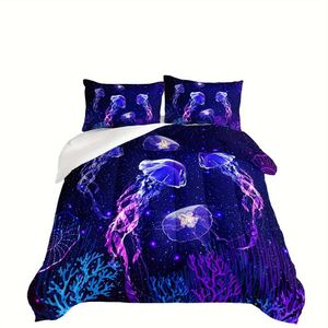 Duvet Cover 3PCS Mode Wunderbare Unterwasser-Welt-Alten-Korallen-Jellyfisch-Druck-Bettwäscheset, weiche komfortable hautfreundliche Schlafzimmer-Quilt, Gästezimmer (1 Quilt + 2 *