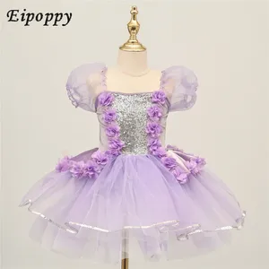 Bühnenbekleidung Kinder Pettiskirt Kostüm Tanz niedliche Gaze Kleid Performance Prinzessin Purple
