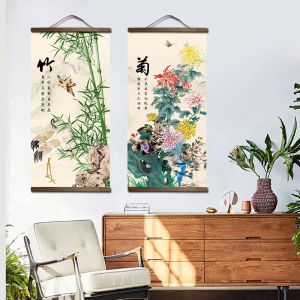 Caligrafia em estilo chinês Flor Green Plants Canvas Pintura decorativa Loja da sala de estar da sala de estar de parede de parede pinturas de rolagem de madeira maciça