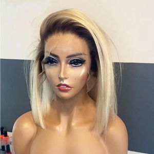 Odporne na ciepło z włókien Bez kleju 14 cosplay dziennie 613 Ombre Blonde Blunt Short Bob Prosty syntetyczna koronkowa peruka z przodu HD płynna